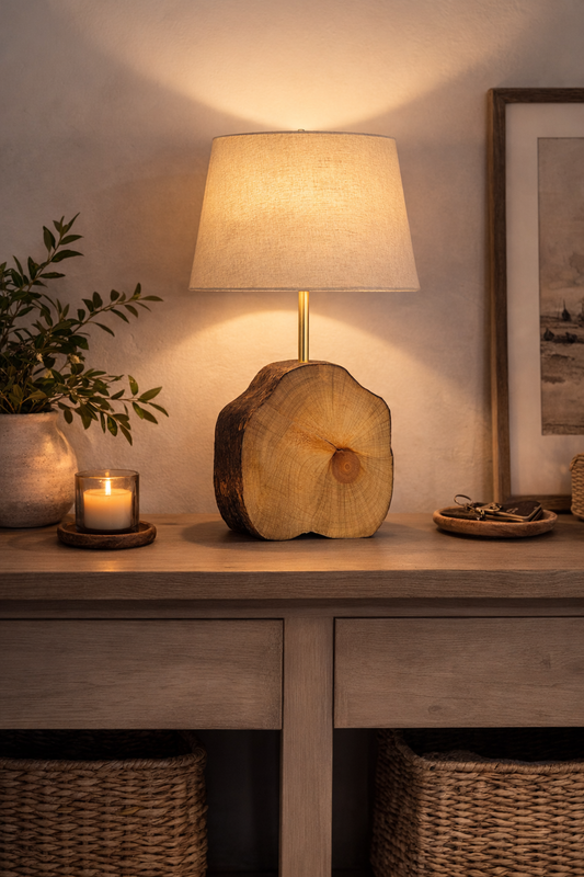 Lámpara artesanal sobre rodaja de pino carrasco