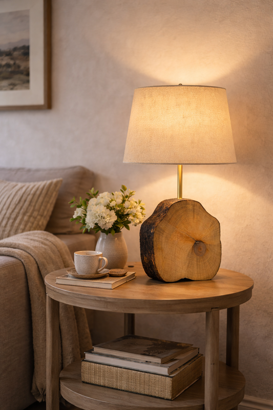 Lámpara artesanal sobre rodaja de pino carrasco