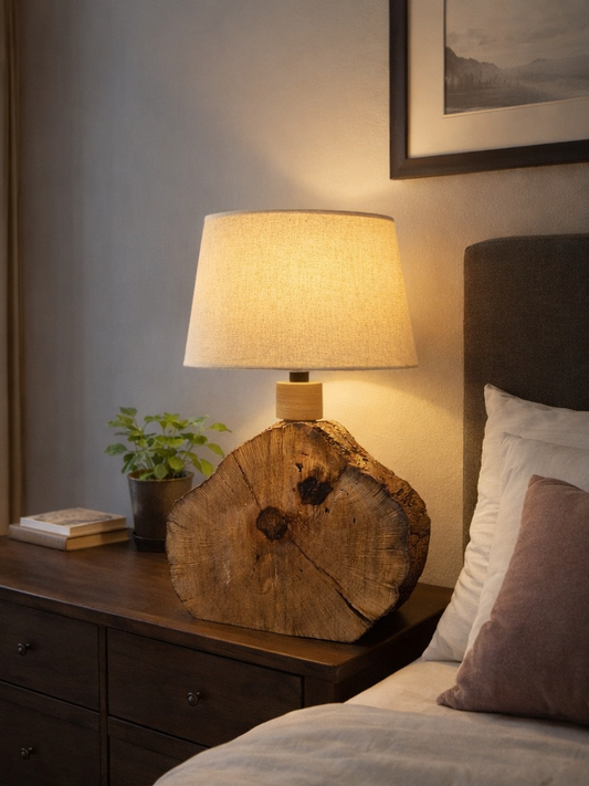 Lámpara artesanal sobre rodaja de olivo